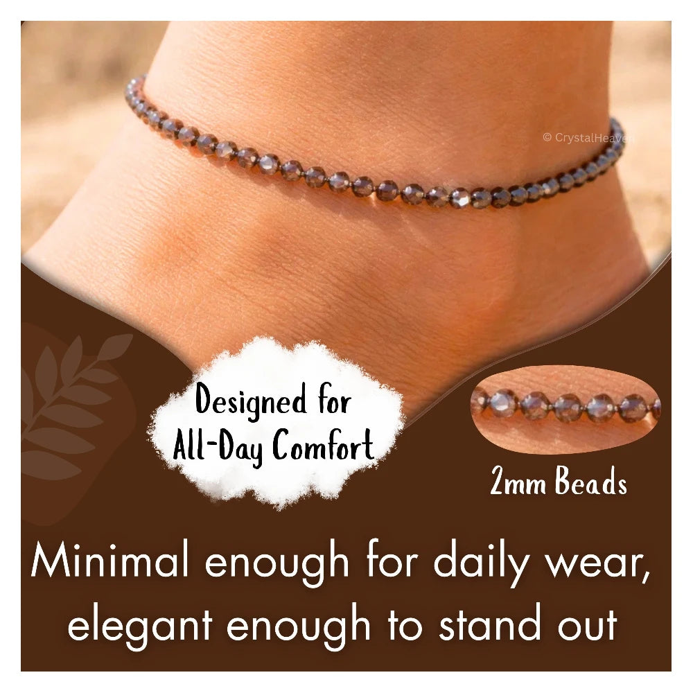 Smoky Quartz Anklet - 2mm Faceted Beads (Silver)