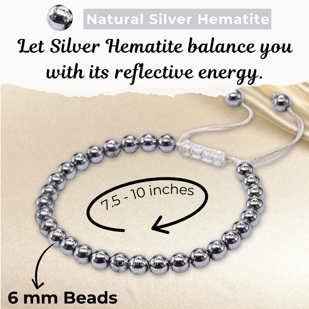 Silver Hematite Healing Crystal Bracelets - 6mm Beads (Adjustable)
