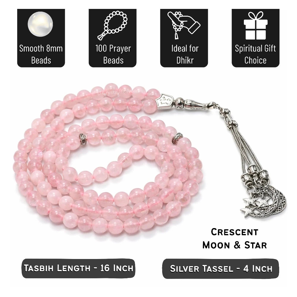 Rose Quartz Crystal Tasbih (Silver)