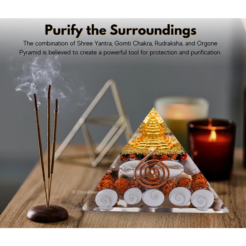 Laxmi Wealth Pyramid - Shree Yantra, Gomati Chakra, Rudraksha, Kodi (Large)