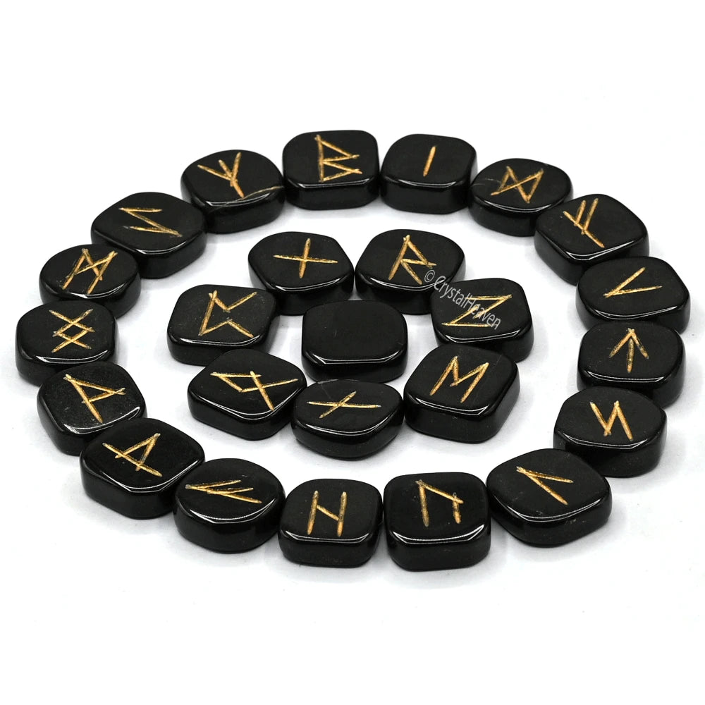 Black Tourmaline Rune Stones Set (Premium)