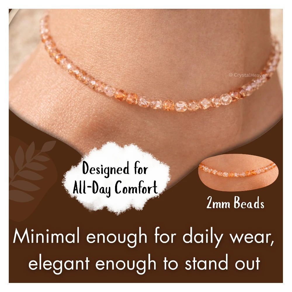 Orange Rutilated Quartz Anklet - 2mm Faceted Beads (Silver)