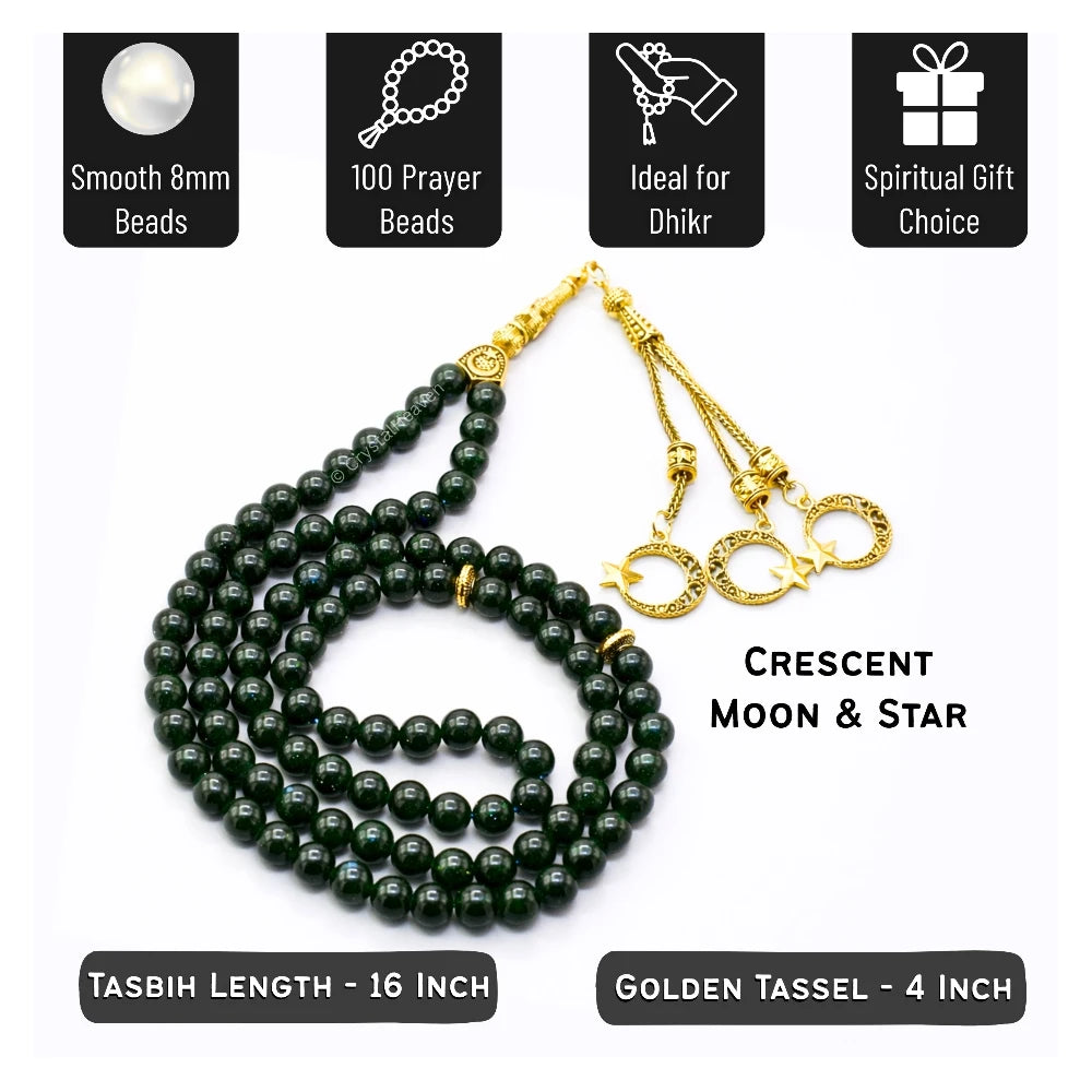 Green Goldstone Crystal Tasbih (Gold)