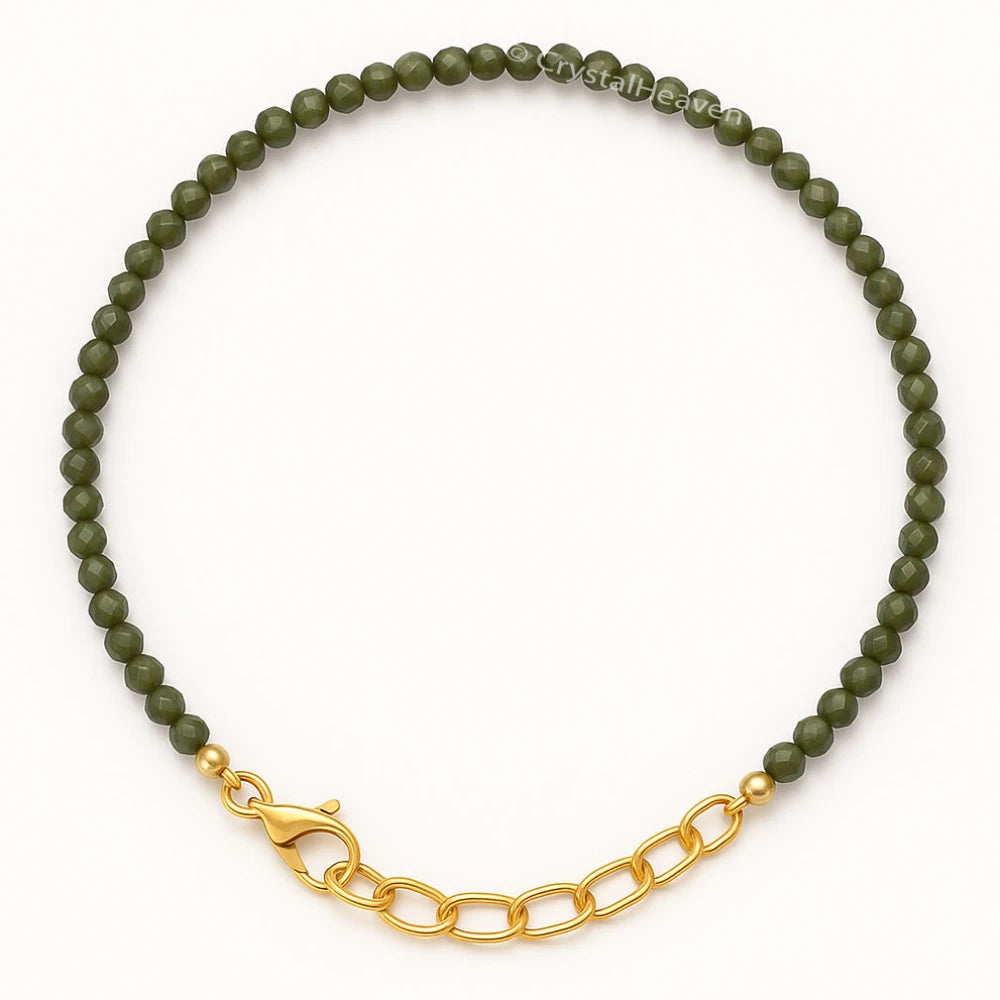 Green Cats Eye Bracelets - 2mm Faceted Beads (Gold)