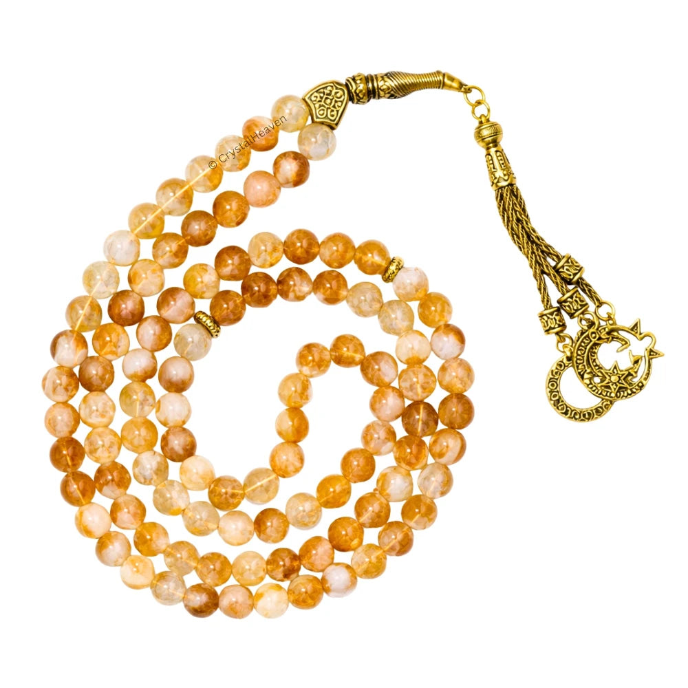 Natural Citrine Crystal Tasbih (Gold)