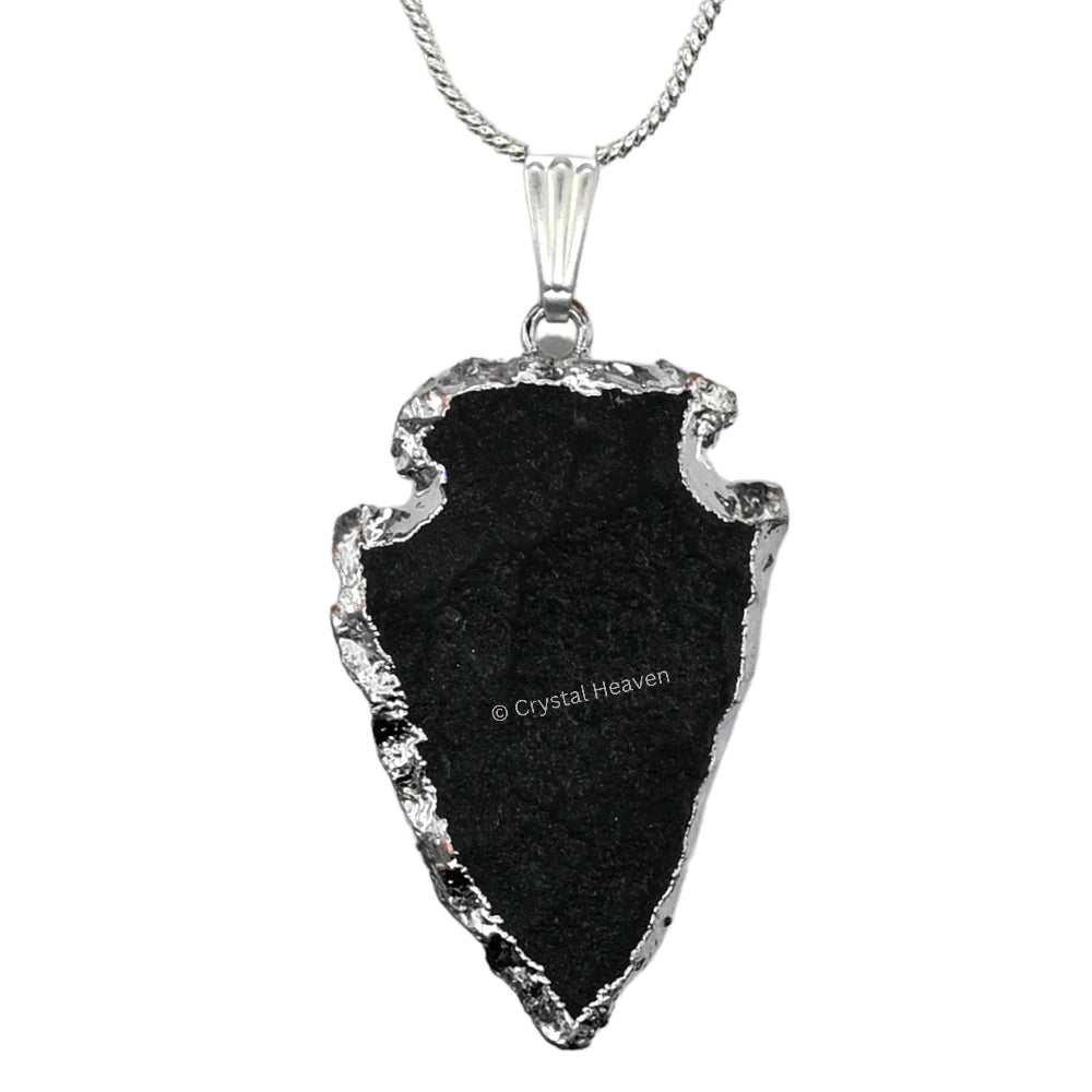 Black Agate Arrow Head Pendant - Silver Plated