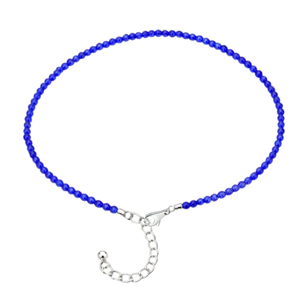 Royal Blue Chalcedony Anklet - 2mm Faceted Beads (Silver)
