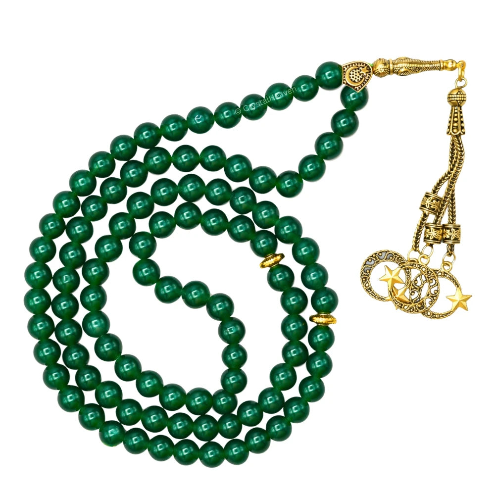 Green Jade (Dye) Crystal Tasbih (Gold)