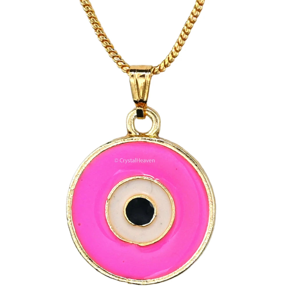 Pink Evil Eye Pendant Necklace - Round (Gold)