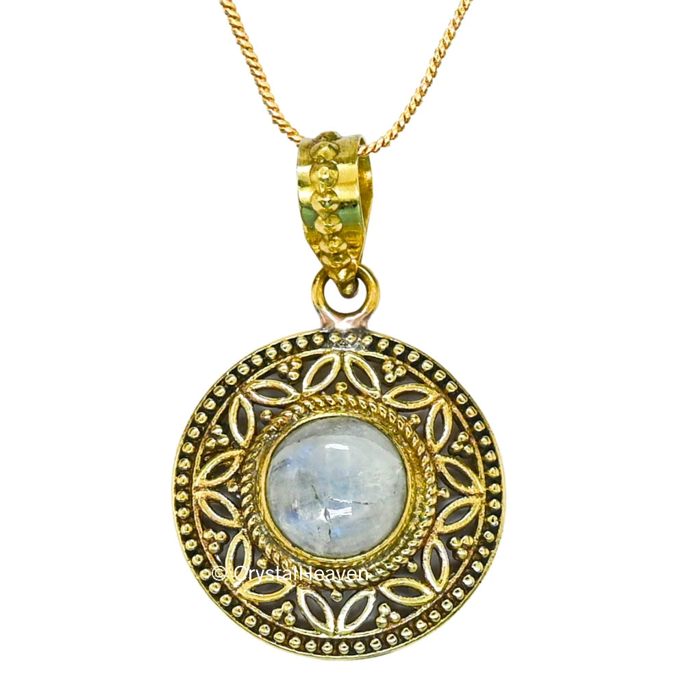 Rainbow Moonstone Bead Pendant Necklace (Gold)