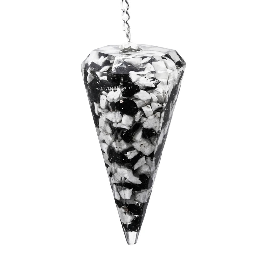 Black and White Tourmaline Crystal Orgone Pendulum