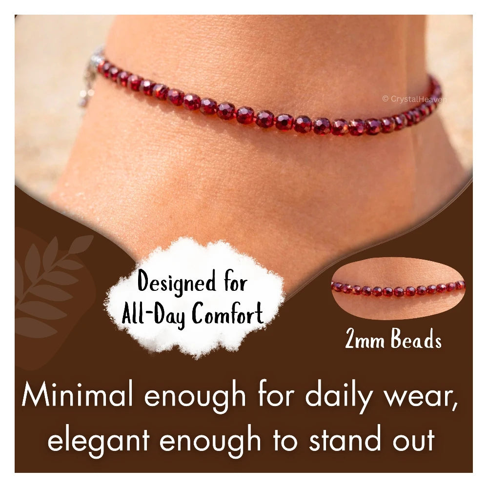 Red Garnet Anklet - 2mm Faceted Beads (Silver)