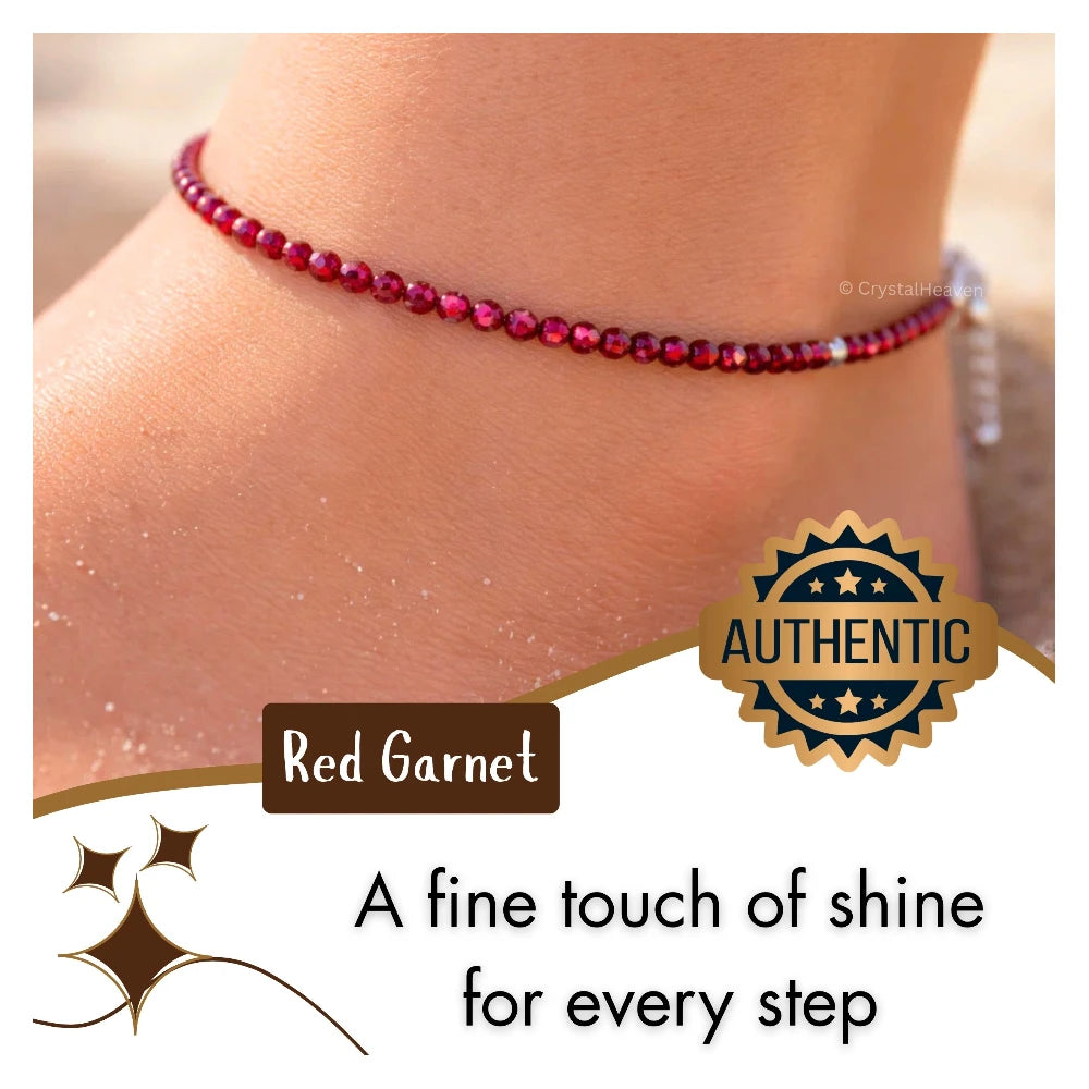 Red Garnet Anklet - 2mm Faceted Beads (Silver)