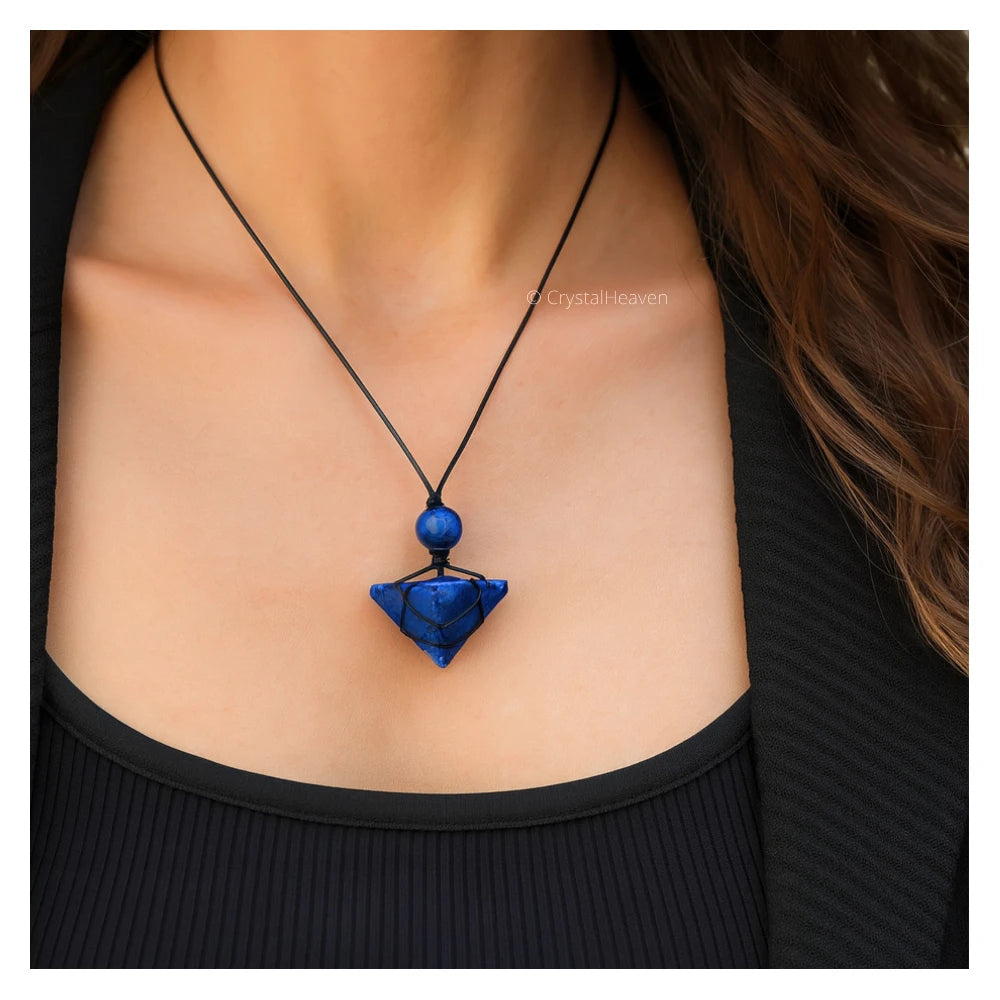 Lapis Lazuli Pyramid Macrame Pendant Necklace