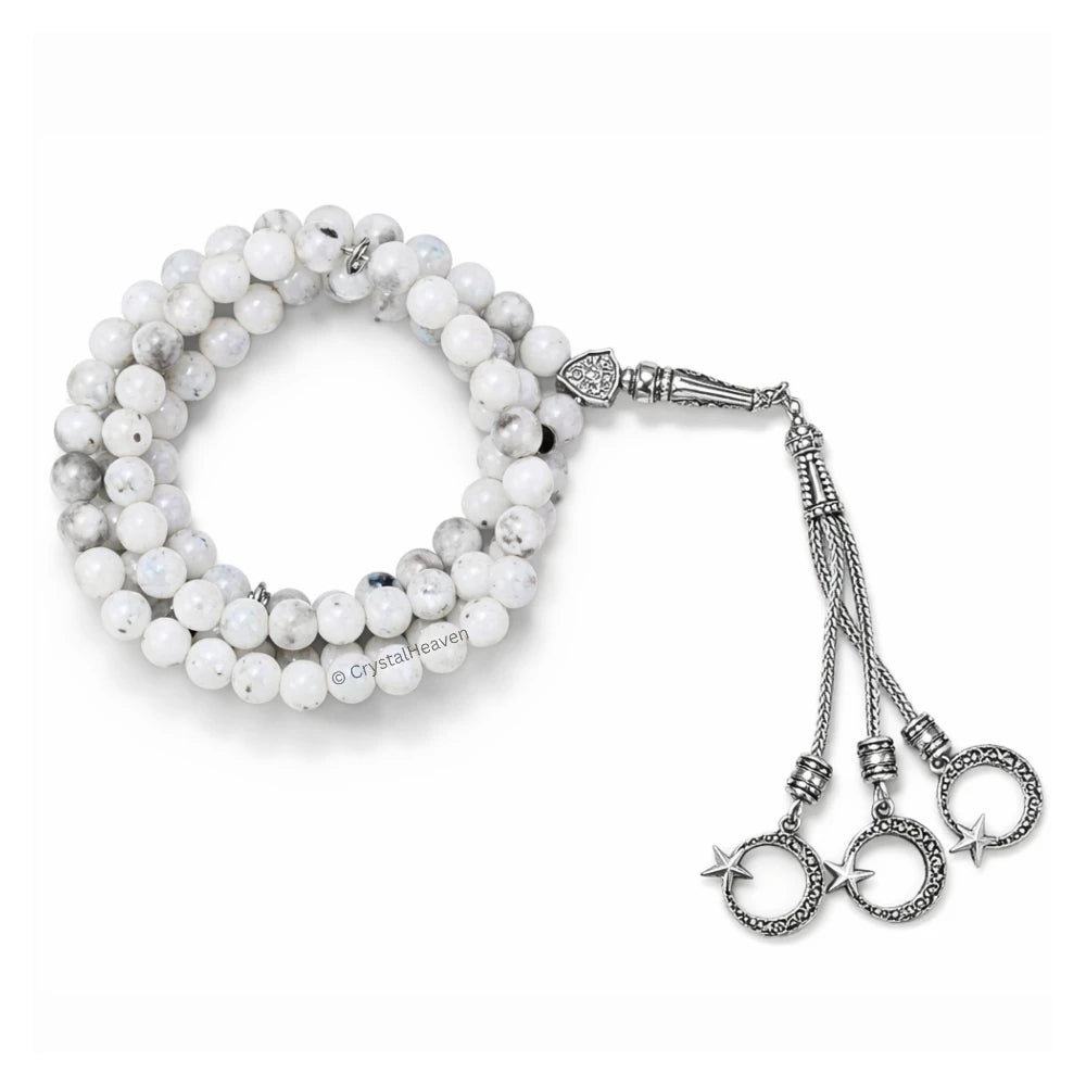 Rainbow Moonstone Crystal Tasbih (Silver)