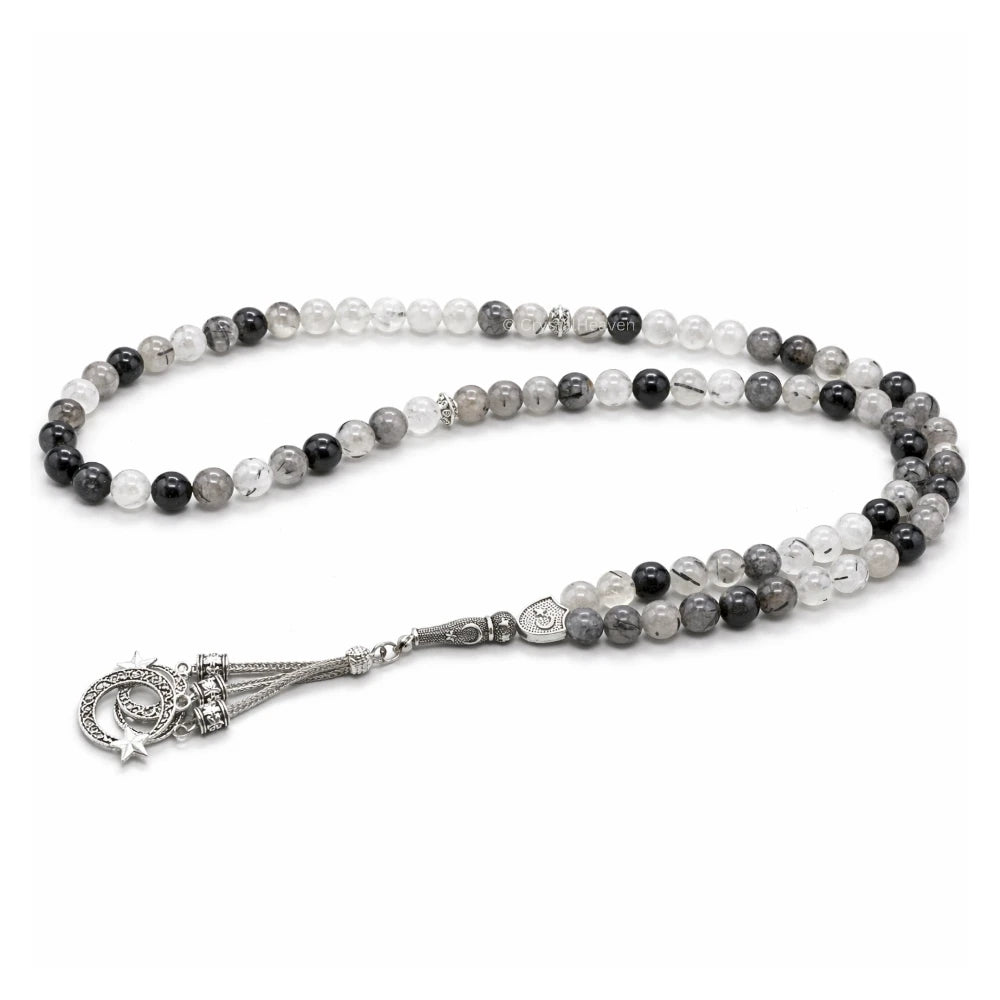 Black Rutilated Quartz Crystal Tasbih (Silver)
