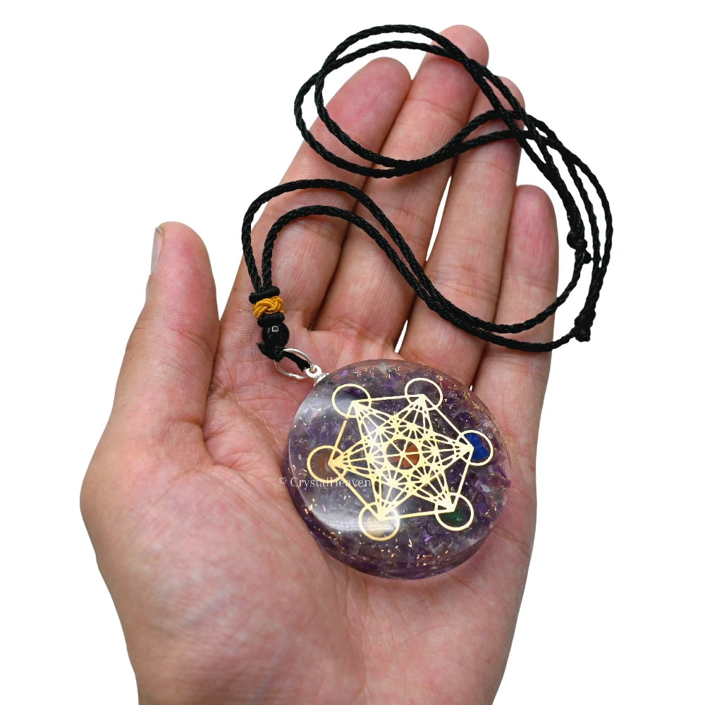 Amethyst Crystal Orgone Pendant - Metatron Cube