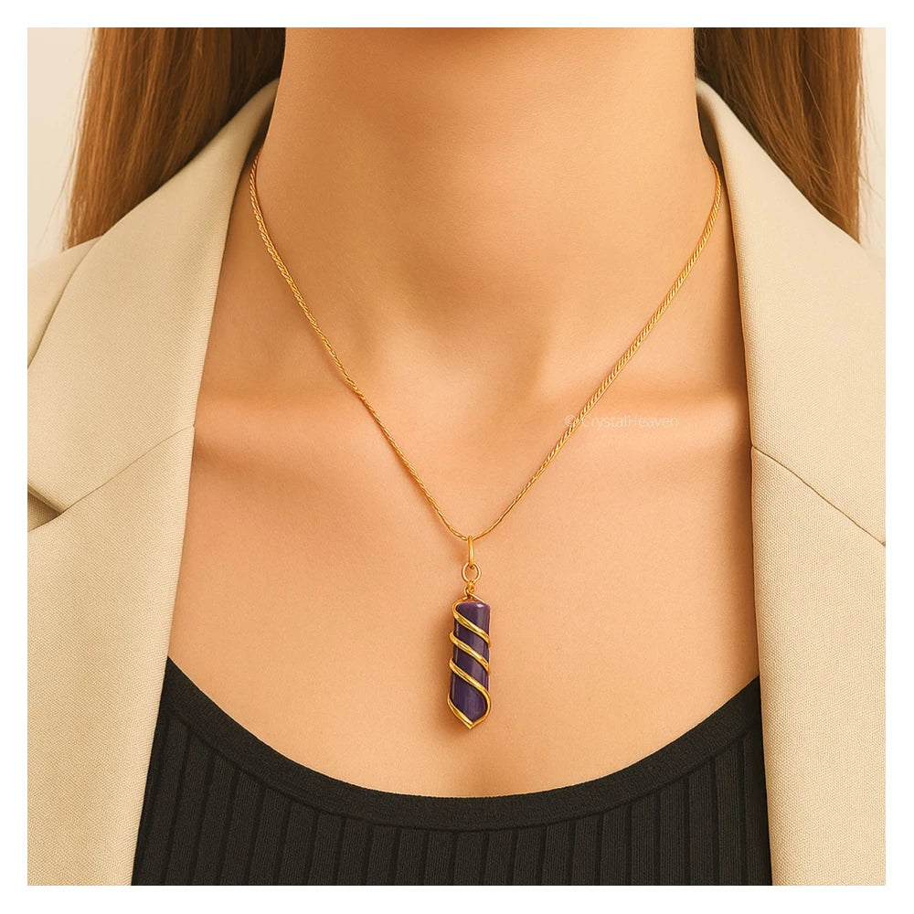Amethyst Necklace - Spiral Pencil Point (Gold)