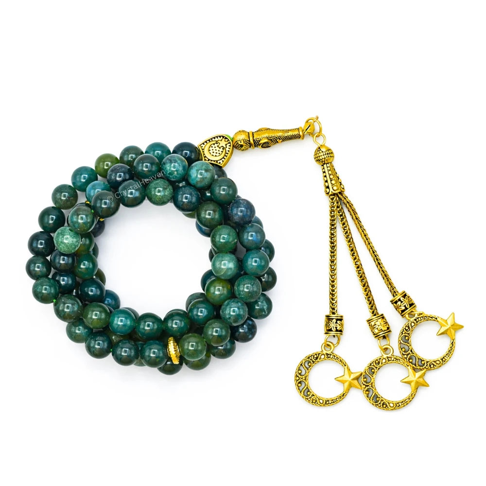 Moss Agate Crystal Tasbih (Gold)