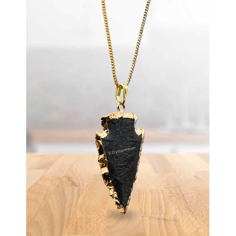 Black Agate Arrow Head Pendant - Gold Plated