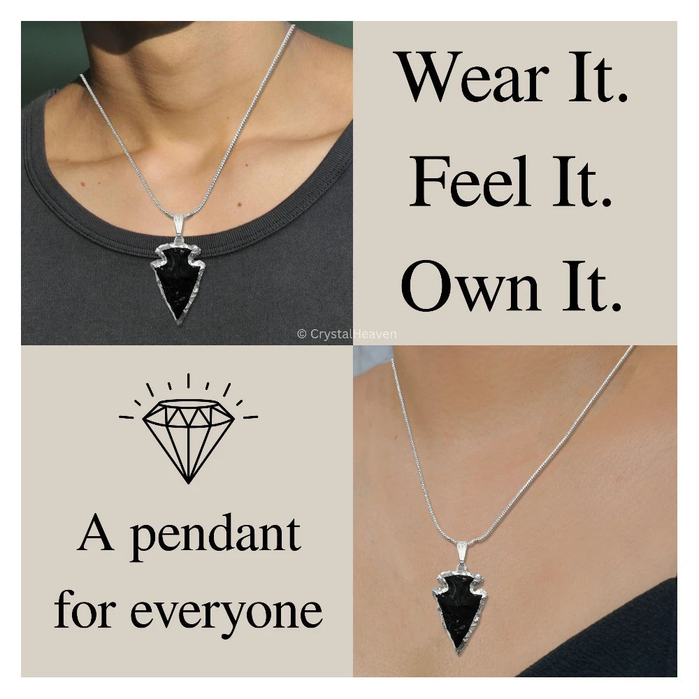 Black Obsidian Arrow Head Pendant - Silver Plated