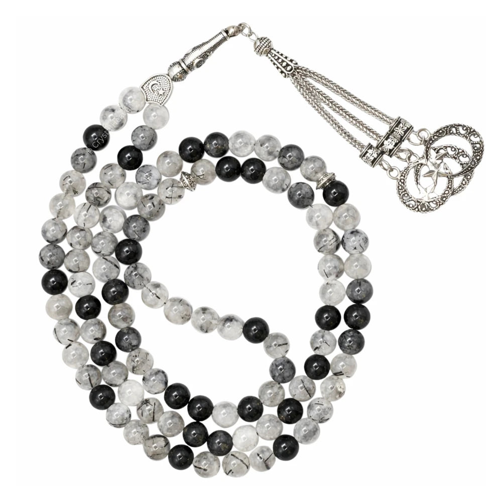 Black Rutilated Quartz Crystal Tasbih (Silver)
