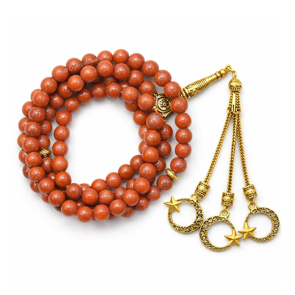 Red Goldstone Crystal Tasbih (Gold)
