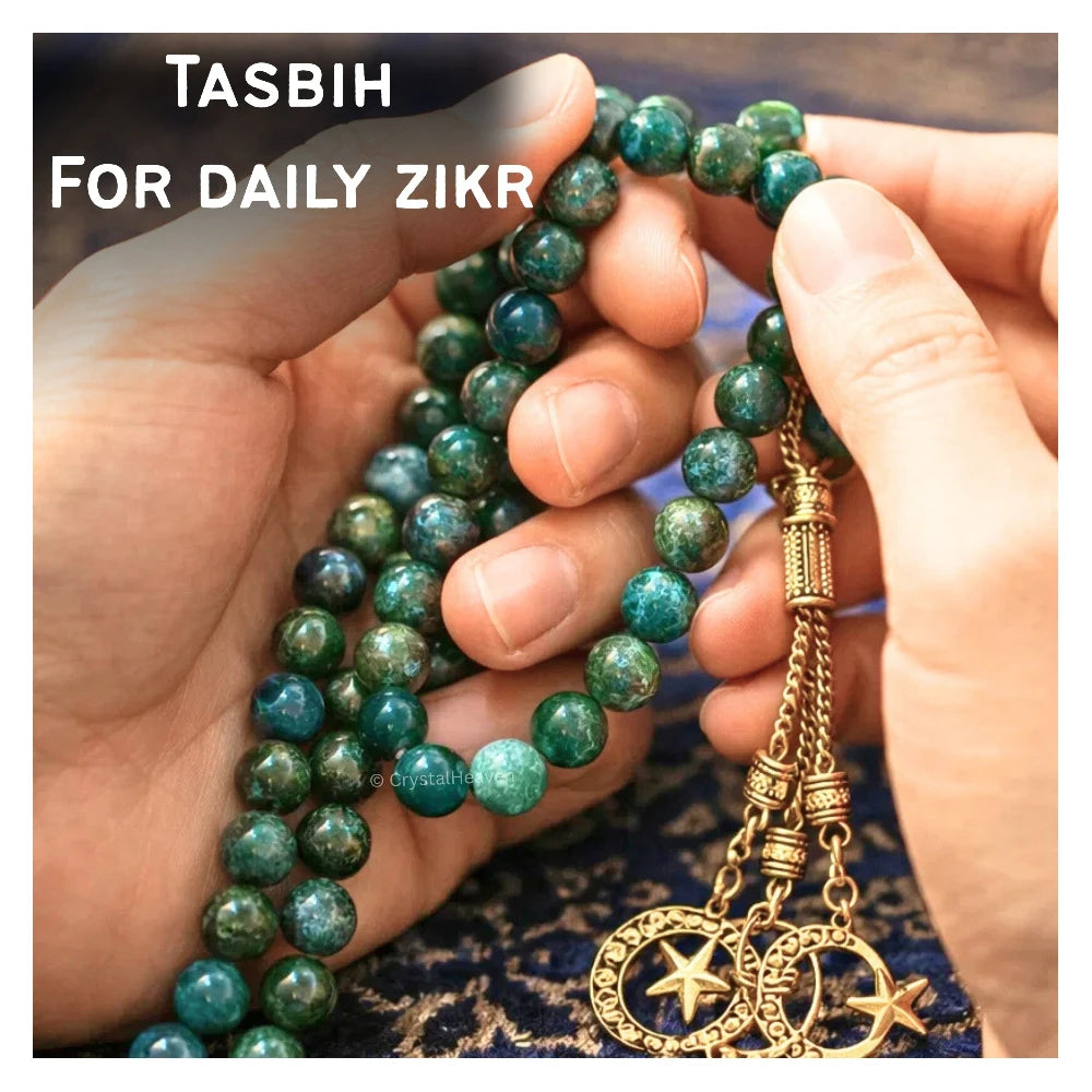 Moss Agate Crystal Tasbih (Gold)
