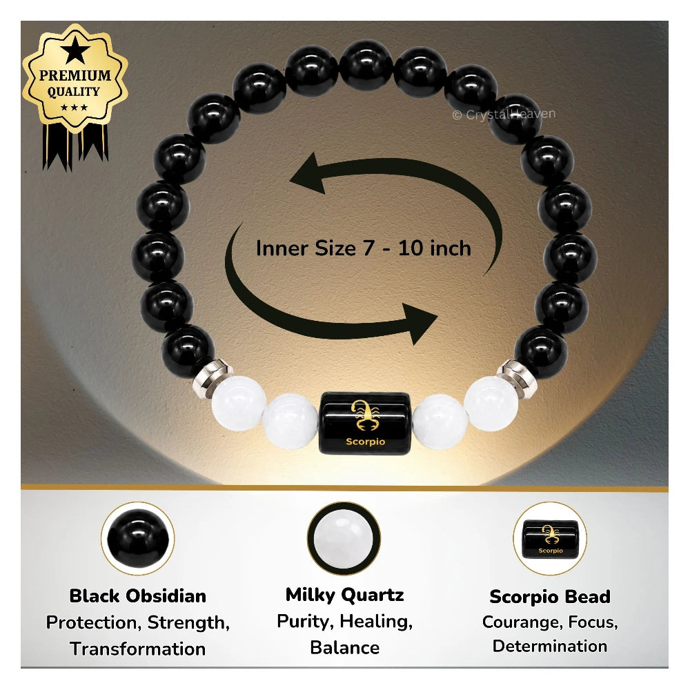 Scorpio Bracelet (वृश्चिक राशि) - Black Obsidian & Milky Quartz