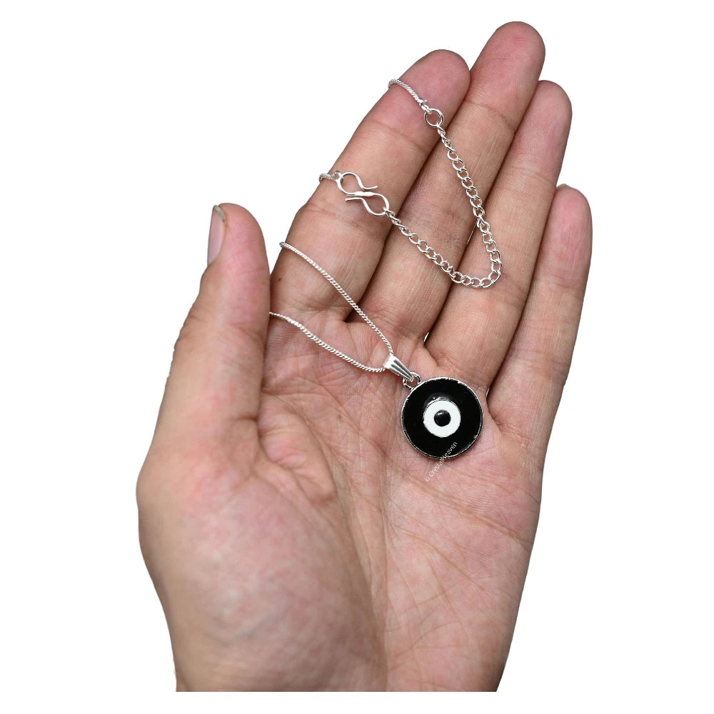 Black Evil Eye Pendant Necklace - Round (Silver)