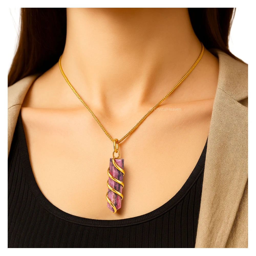 Rhodonite Necklace - Spiral Pencil Point (Gold)