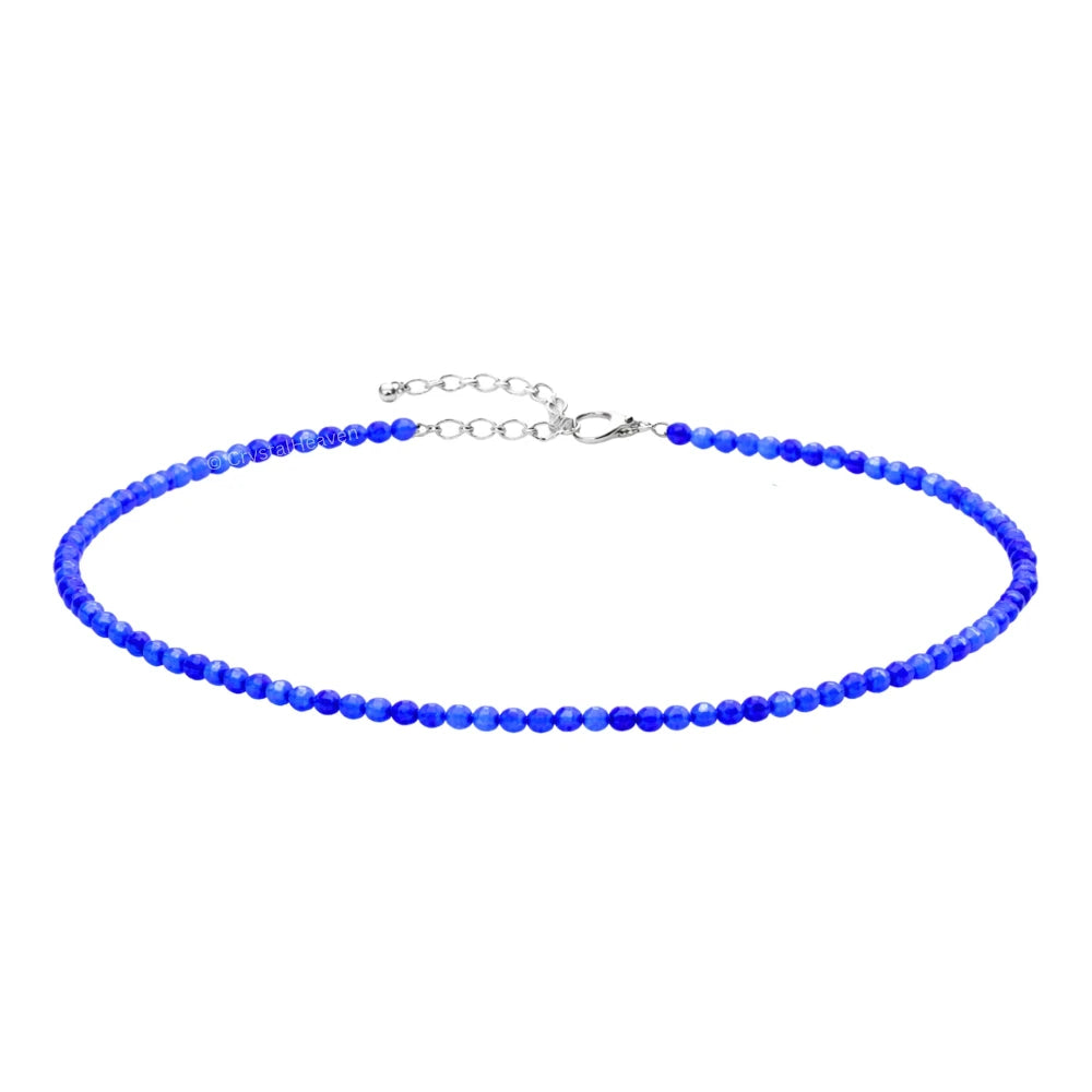 Royal Blue Chalcedony Anklet - 2mm Faceted Beads (Silver)