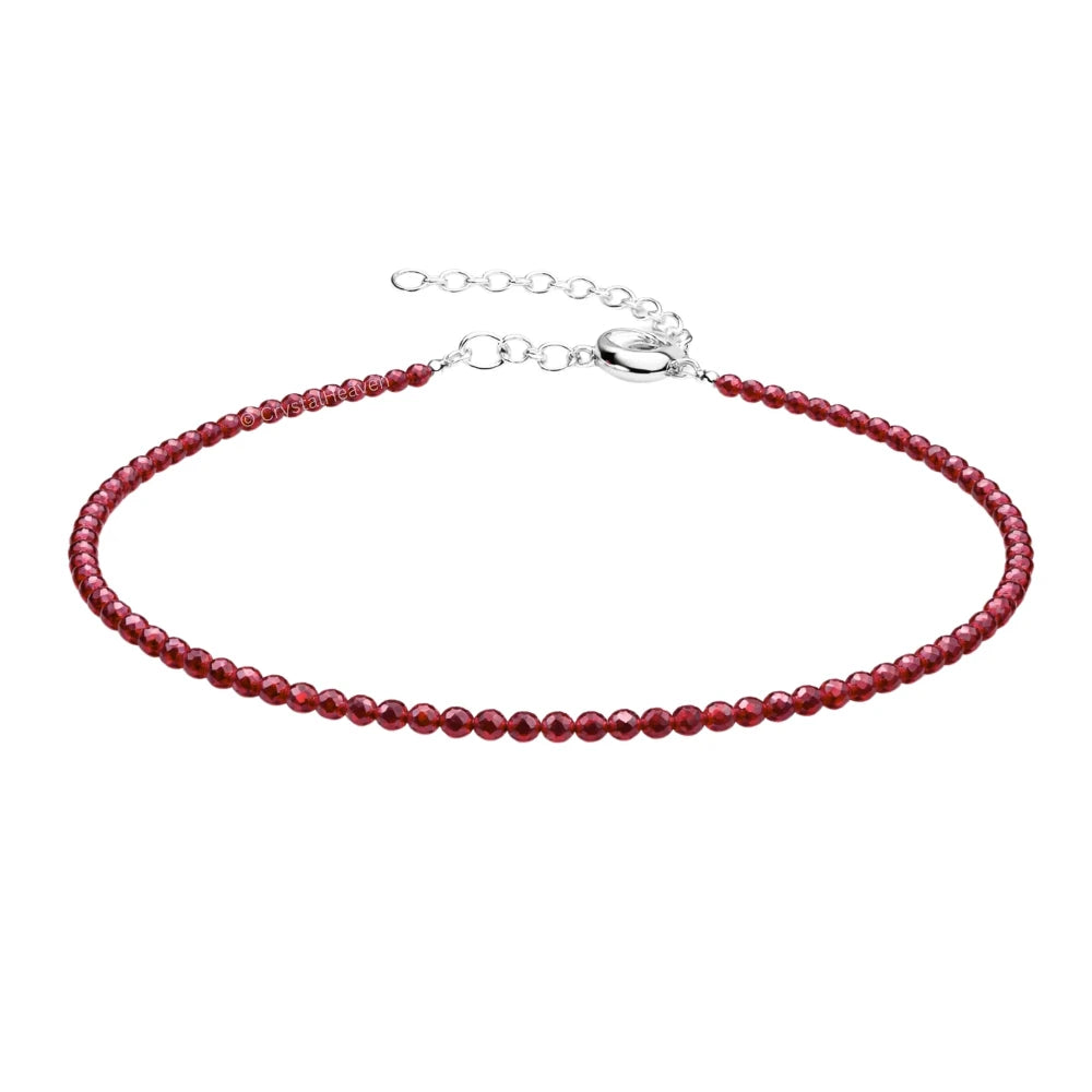 Red Garnet Anklet - 2mm Faceted Beads (Silver)