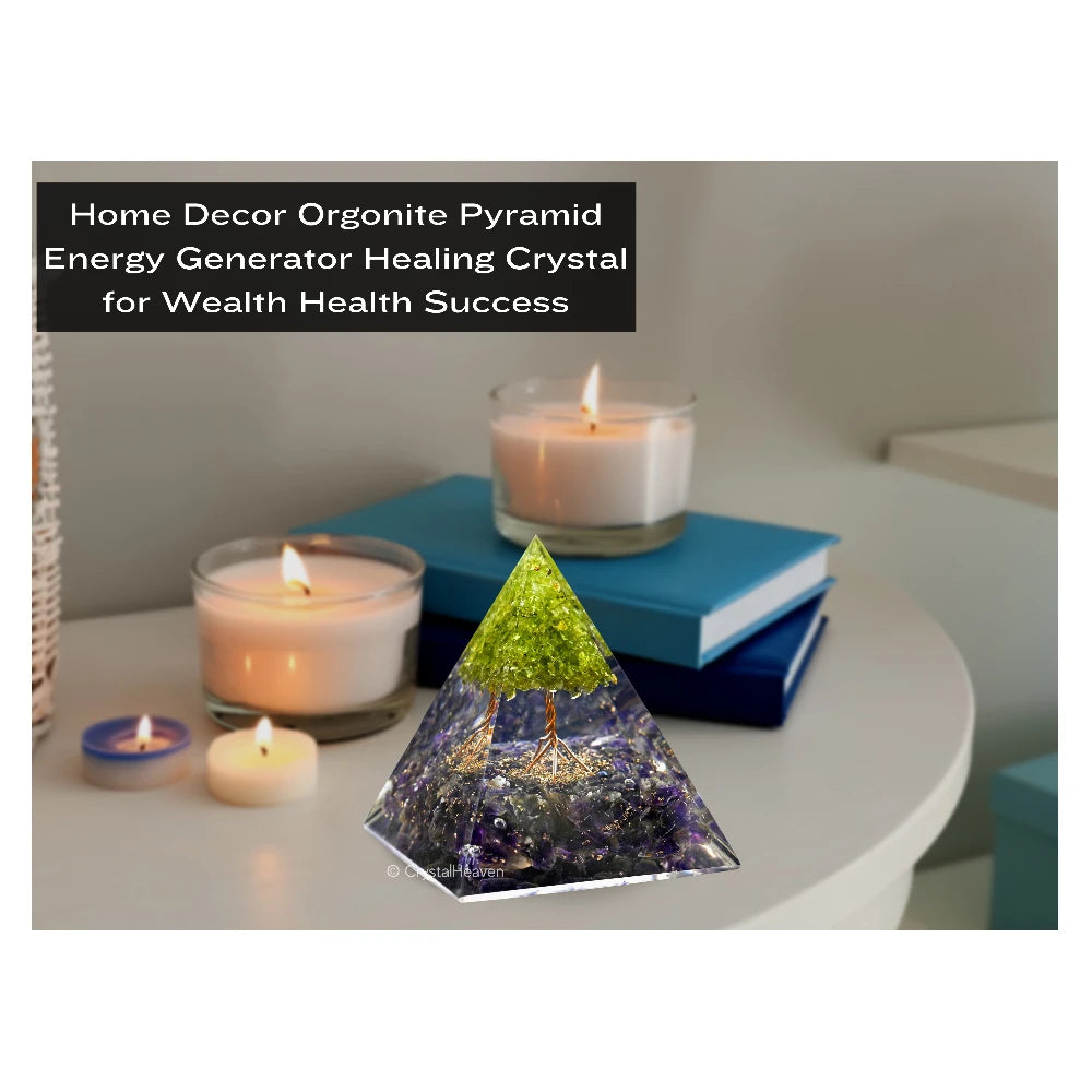 Amethyst with Peridot Tree Crystal Orgone Pyramid - 105 mm