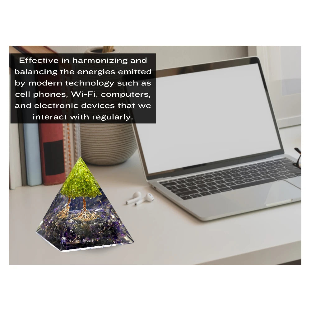 Amethyst with Peridot Tree Crystal Orgone Pyramid - 105 mm