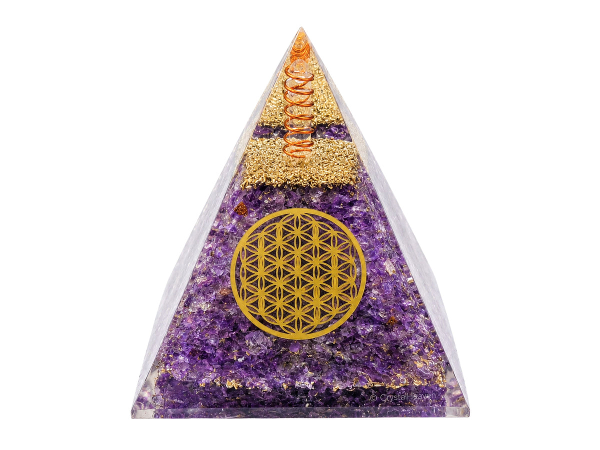 Amethyst Flower of Life Crystal Orgone Pyramid - 105 mm