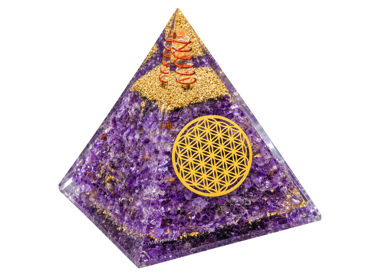 Amethyst Flower of Life Crystal Orgone Pyramid - 105 mm