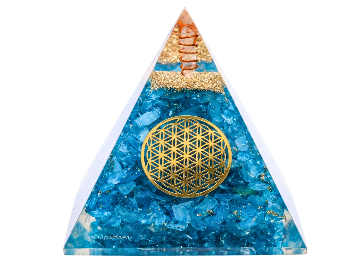 Aquamarine Quartz Flower of Life Crystal Orgone Pyramid - 105 mm