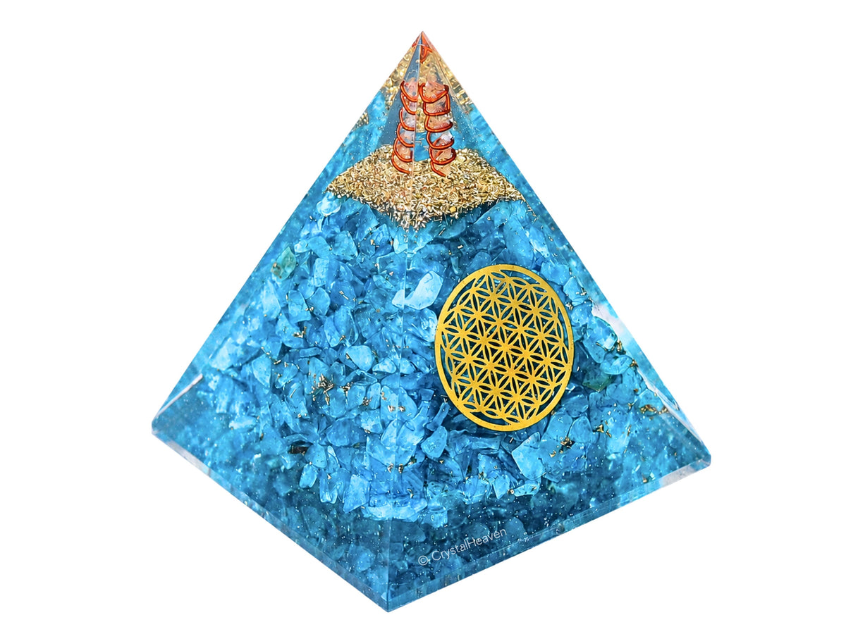 Aquamarine Quartz Flower of Life Crystal Orgone Pyramid - 105 mm
