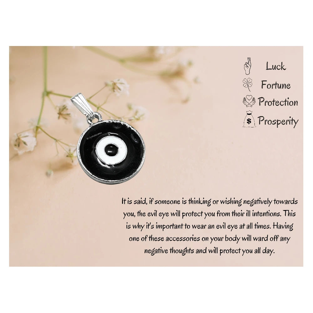 Black Evil Eye Pendant Necklace - Round (Silver)