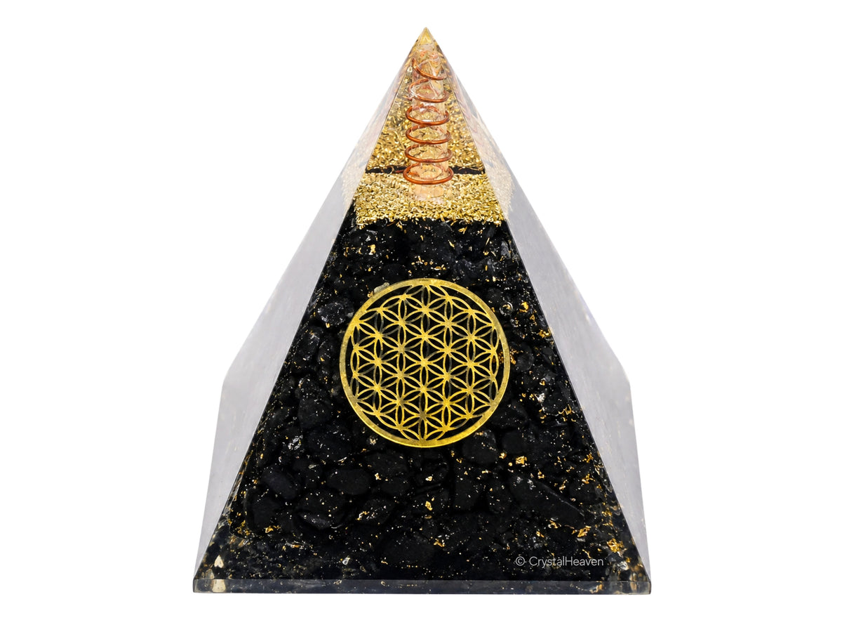 Black Tourmaline Flower of Life Crystal Orgone Pyramid - 105 mm