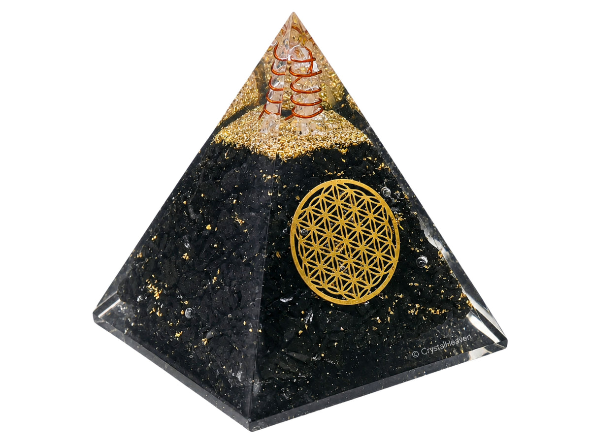 Black Tourmaline Flower of Life Crystal Orgone Pyramid - 105 mm