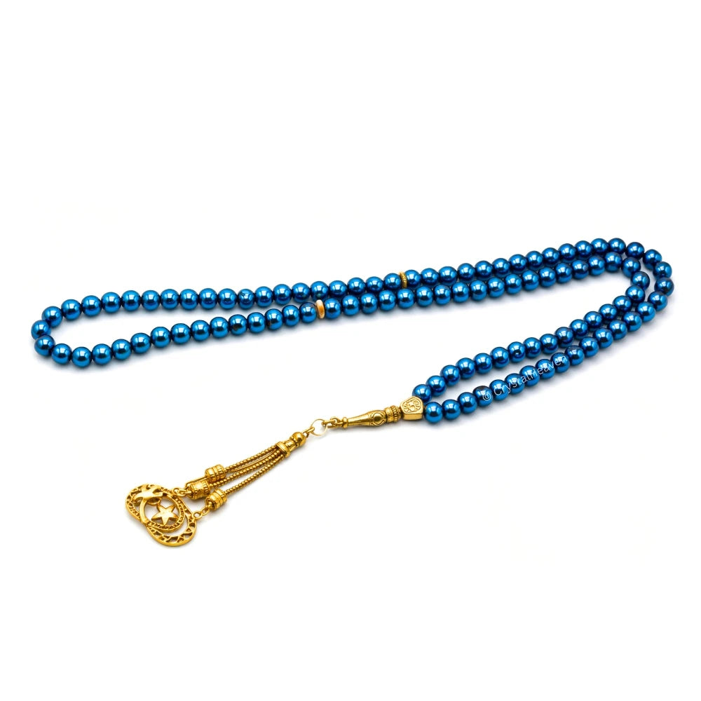 Blue Hematite Crystal Tasbih (Gold)