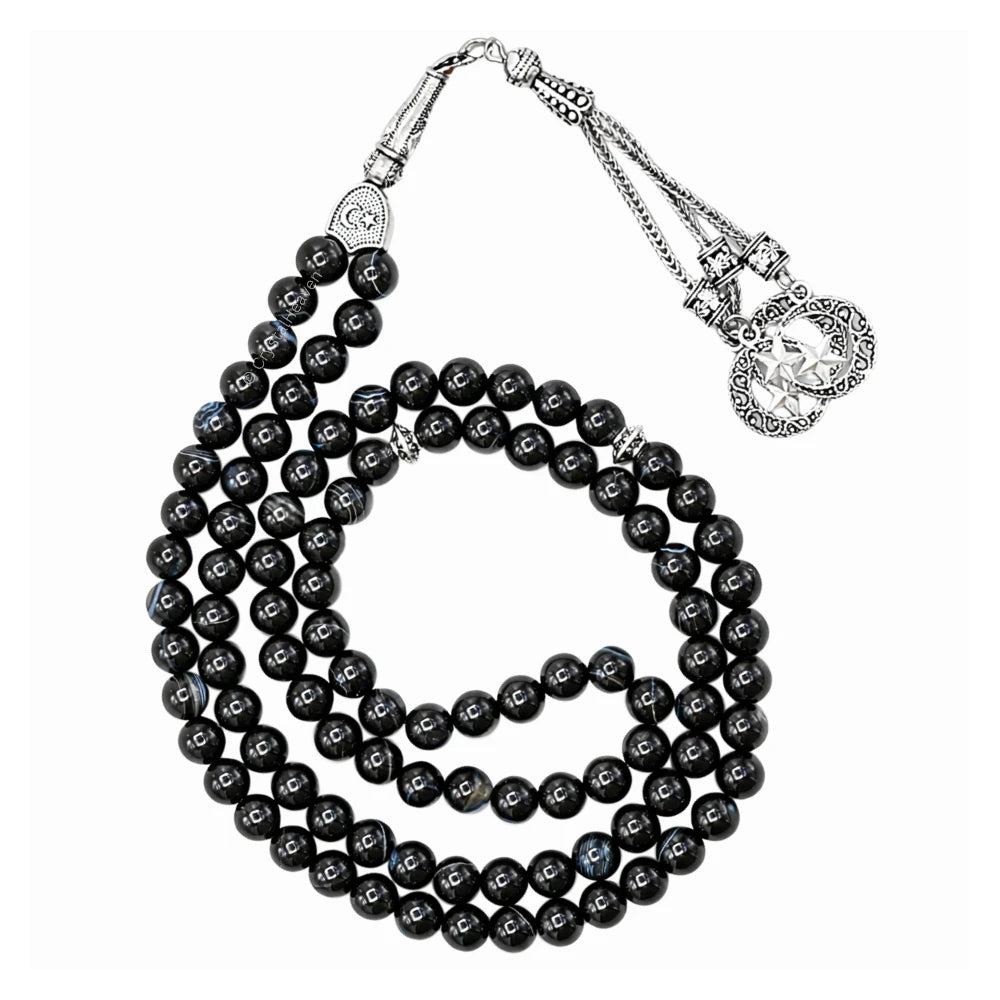 Black Banded Agate Crystal Tasbih (Silver)
