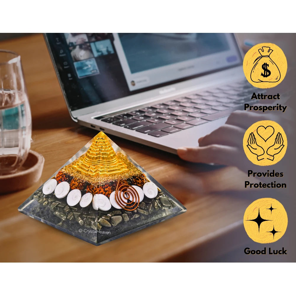 Money Magnet Pyramid - Shree Yantra, Gomati Chakra, Rudraksha, Pyrite