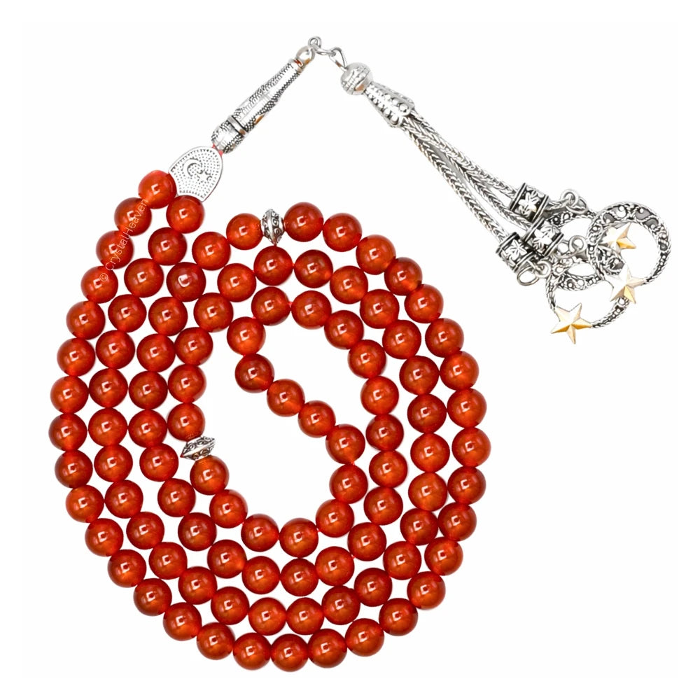 Red Onyx Crystal Tasbih (Silver)