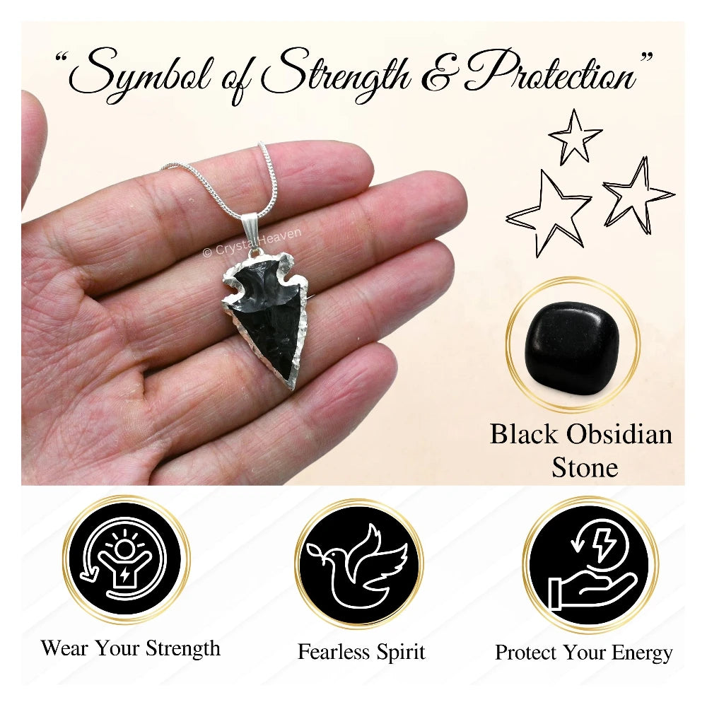 Black Obsidian Arrow Head Pendant - Silver Plated