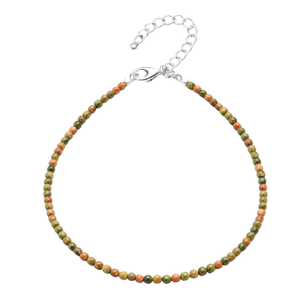 Unakite Anklet - 2mm Faceted Beads (Silver)