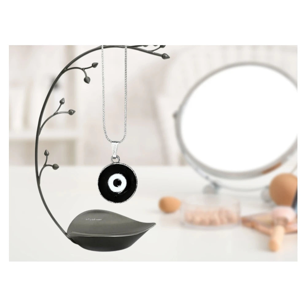 Black Evil Eye Pendant Necklace - Round (Silver)