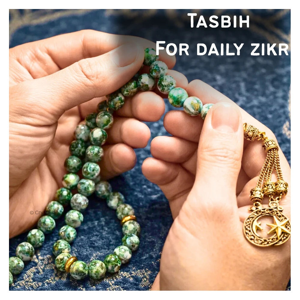 Tree Agate Crystal Tasbih (Gold)